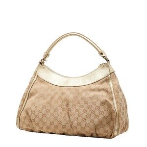 Gucci Tan Leather Abbey Bag Gold Shoulder GG Canvas Beige